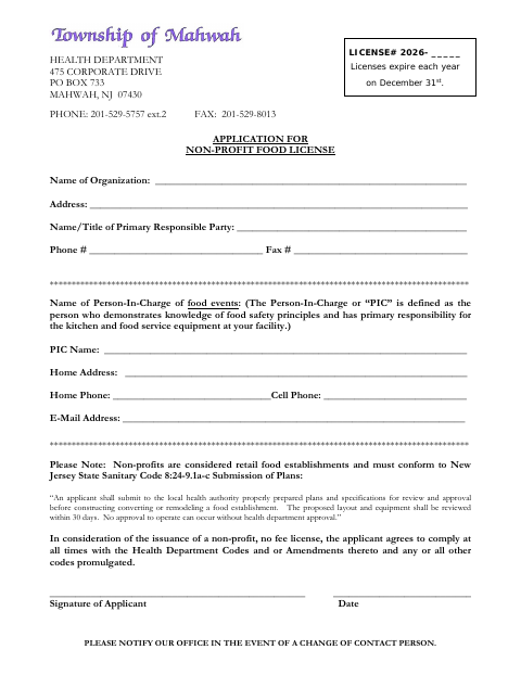 First page of the Application for Non-Profit Food License