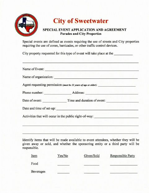 First page of the Special Event Application and Agreement for Parades and City Properties