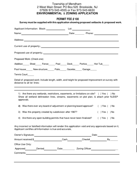 First page of the Environmental & Zoning Application