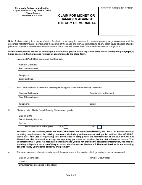 First page of the Claim for Money or Damages Against the City
