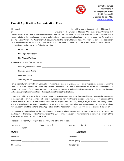 First page of the Permit Application Authorization Form