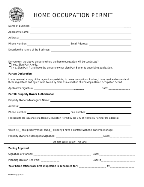 First page of the Home Occupation Application