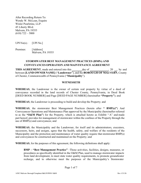 First page of the Stormwater Best Management Practices Operation and Maintenance Agreement