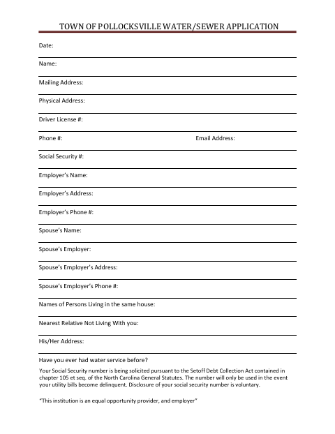 First page of the Water/Sewer Application