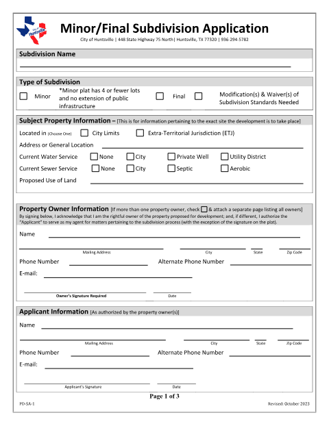 First page of the Minor/Final Subdivision Application