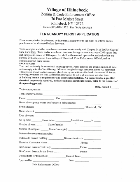 First page of the Tent/Canopy Permit Application