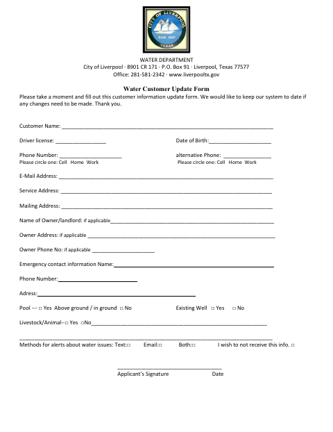 First page of the Water Customer Update Form