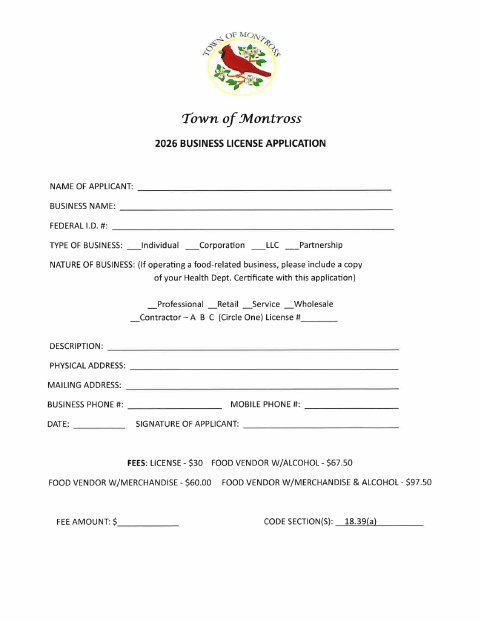 First page of the Business License Application