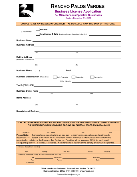 First page of the Business License Application for Miscellaneous Specified Businesses