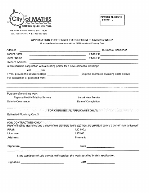 First page of the Plumbing Permit Application