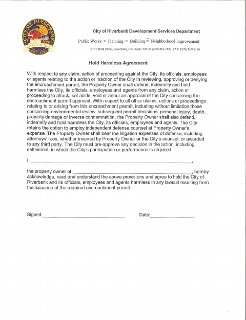 First page of the Hold Harmless Agreement for Property Owners