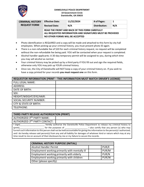 First page of the Criminal History Request Form