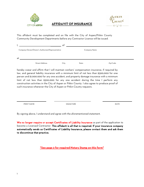 First page of the Affidavit of Insurance