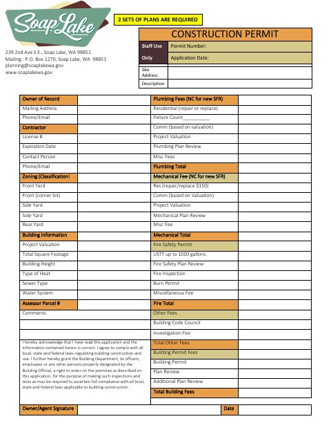 First page of the Construction Permit Application
