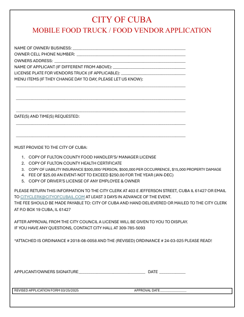 First page of the Mobile Food Truck / Food Vendor Application