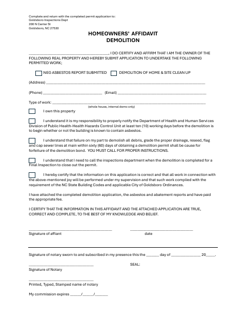 First page of the Homeowners’ Affidavit – Demolition