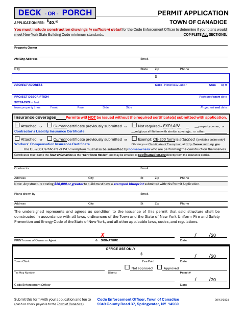 First page of the Deck or Porch Permit Application