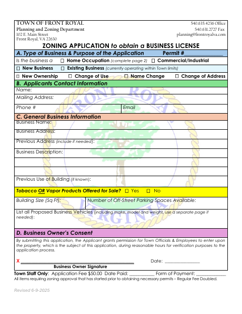 First page of the Business License Zoning Application