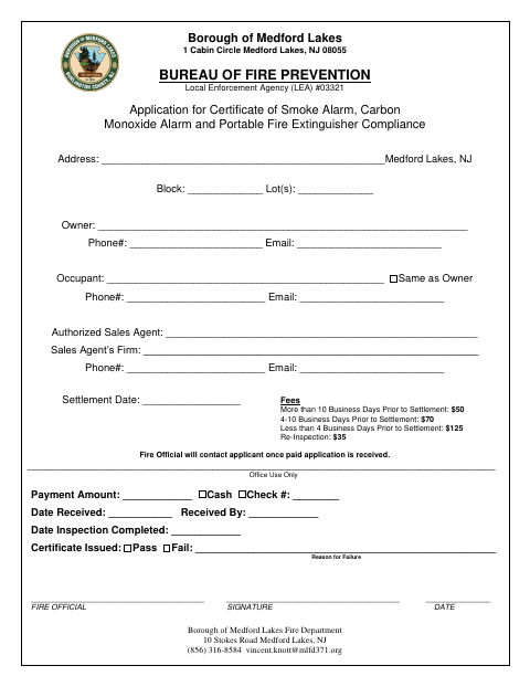 First page of the Application for Certificate of Smoke Alarm, Carbon Monoxide Alarm and Portable Fire Extinguisher Compliance