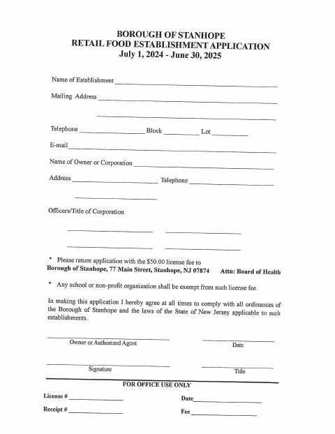 First page of the Retail Food Establishment Application 2024-2025