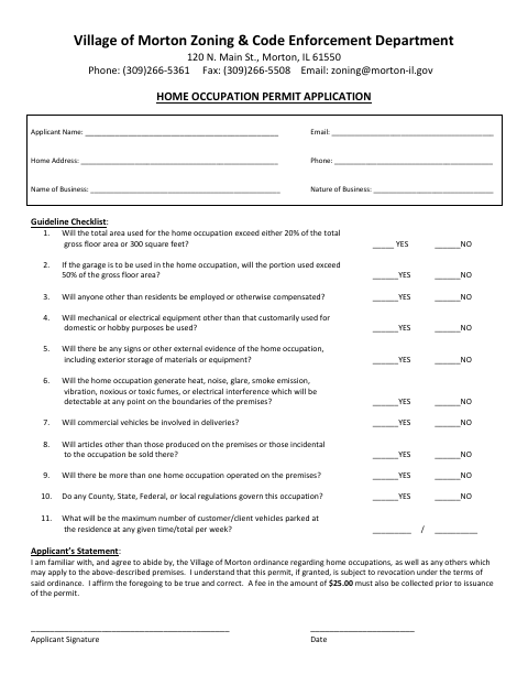 First page of the Home Occupation Permit Application