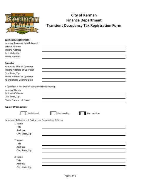 First page of the Transient Occupancy Tax Registration Form