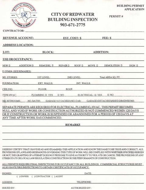 First page of the Building Permit Application