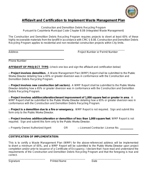First page of the Affidavit and Certification to Implement Waste Management Plan