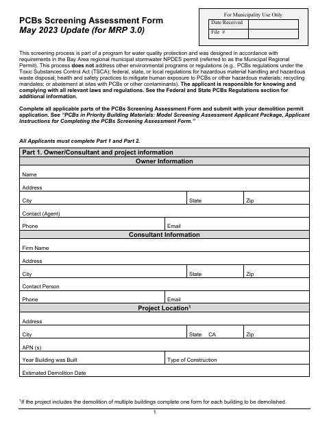 First page of the PCBs Screening Assessment Form