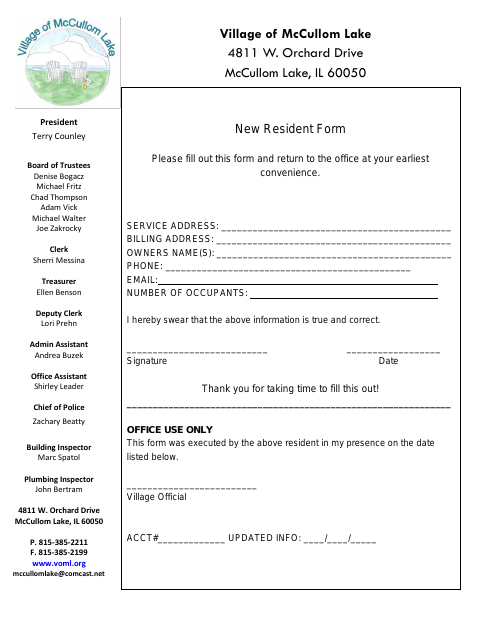 First page of the New Resident Form