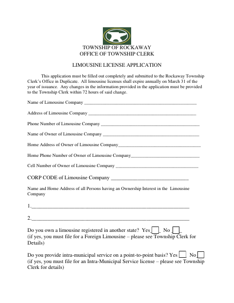 First page of the Limousine License Application