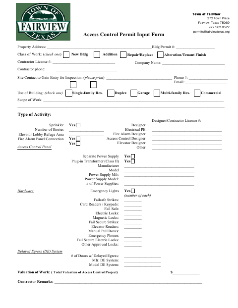 First page of the Access Control Permit Input Form