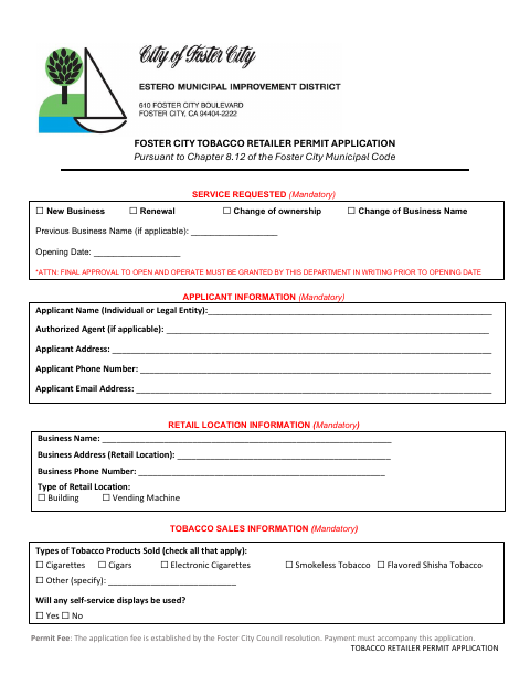First page of the Tobacco Retailer Permit Application