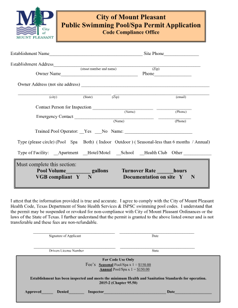 First page of the Public Pool/Spa Permit Application