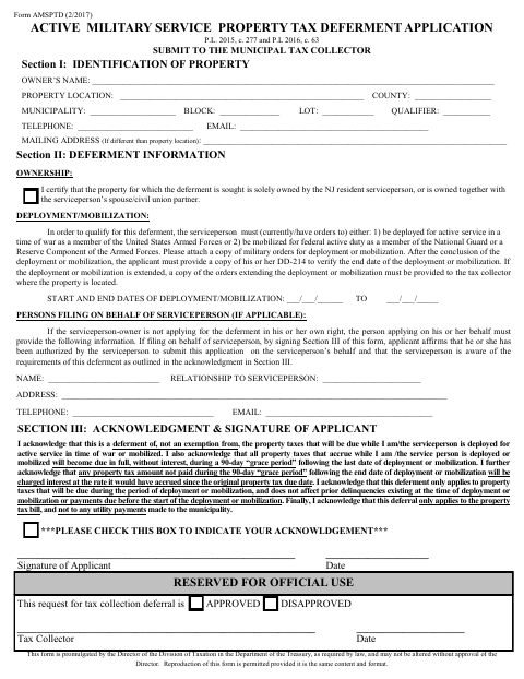 First page of the Active Military Service Property Tax Deferment Application