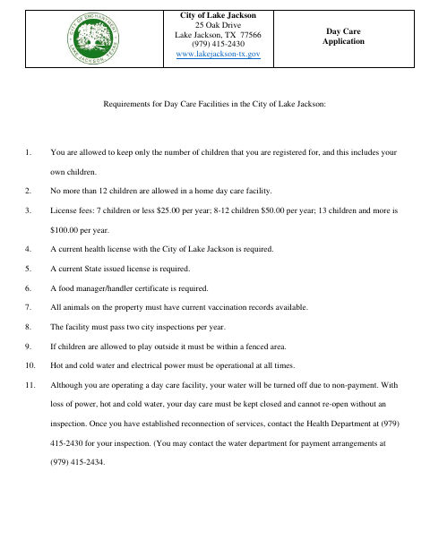 First page of the Day Care Application
