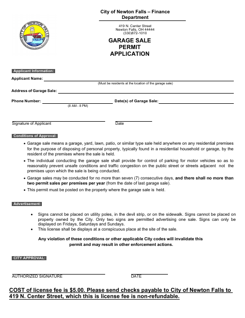 First page of the Garage Sale Permit Application