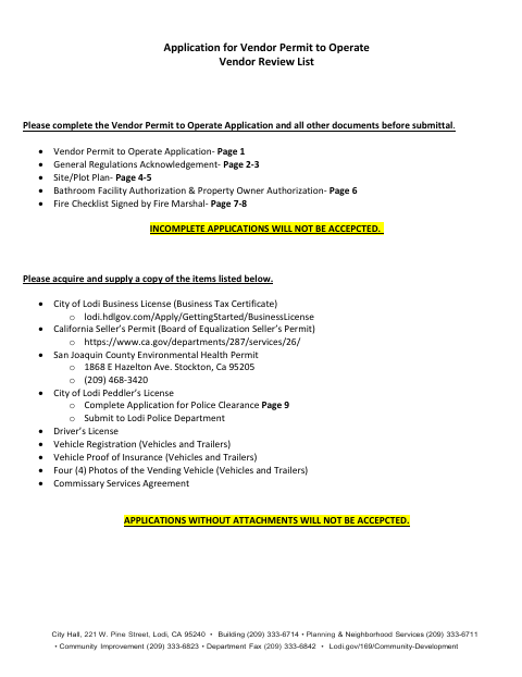 First page of the Application for Vendor Permit to Operate
