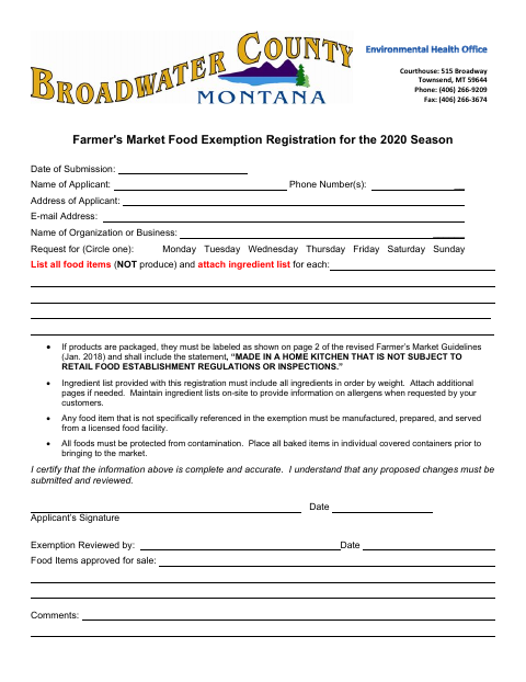 First page of the Farmer's Market Food Exemption Registration for the 2020 Season