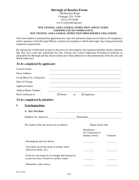 First page of the Dye Testing and Lateral Inspection Application, Certificate of Compliance