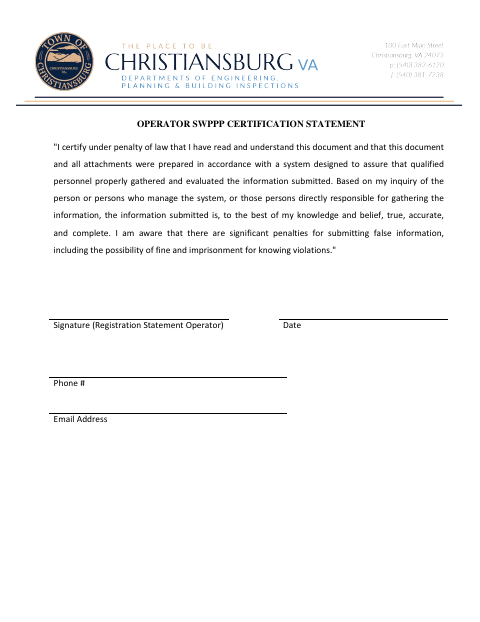 First page of the Operator SWPPP Certification Statement