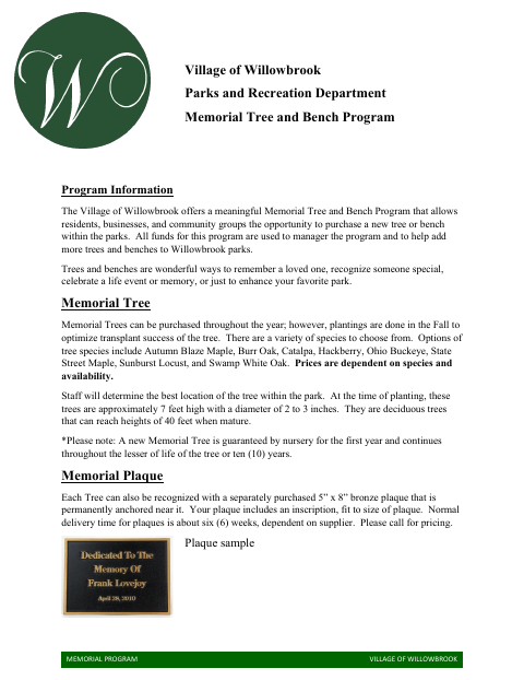 First page of the Tree and Bench Program Application Form