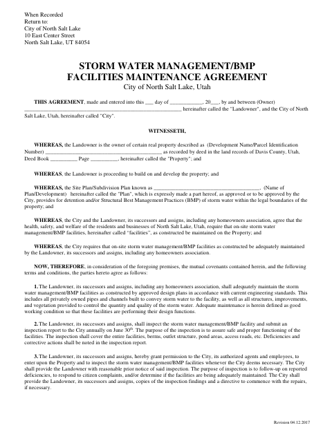 First page of the Storm Water Management/BMP Facilities Maintenance Agreement