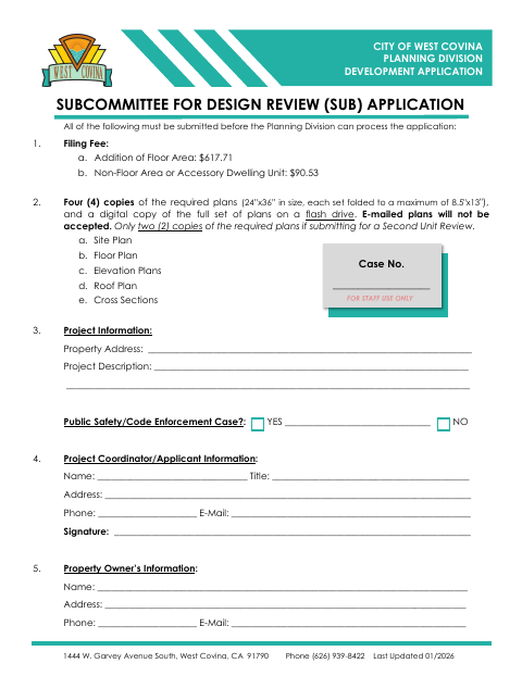 First page of the Subcommittee for Design Review Application