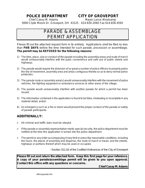 First page of the Parade & Assemblage Permit Application