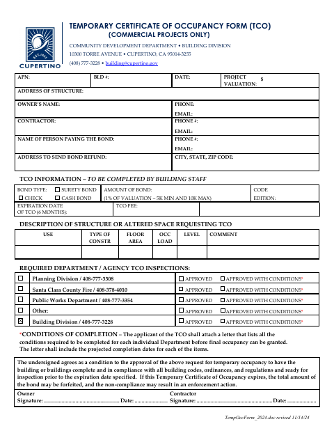 First page of the Temporary Certificate of Occupancy Form