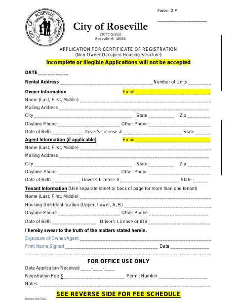 First page of the Rental Registration Application