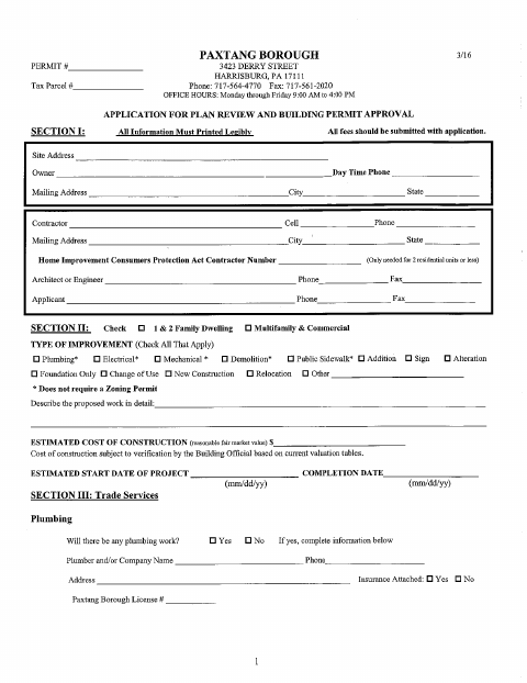 First page of the Building Permit Application
