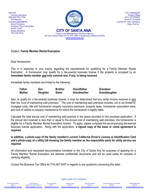 First page of the Family Member Rental Exemption Form