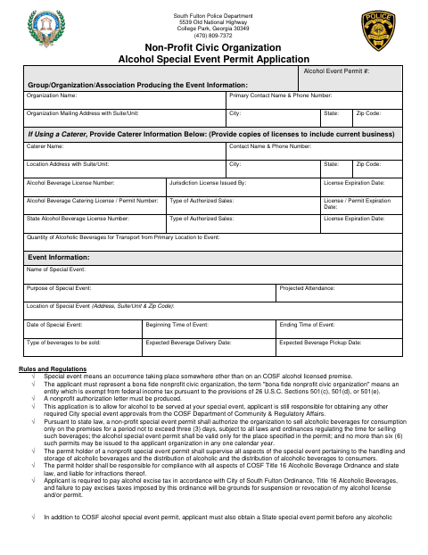 First page of the Non-Profit Civic Organization Alcohol Special Event Permit Application
